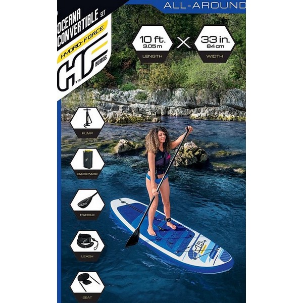 Продукт Bestway OCEANA - Надуваем SUP борд Convertible 10 инча,  3.05x84x12 cm, с гребла, подвижна седалка, помпа, лиш и раница за съхранение в комплекта - 0 - BG Hlapeta